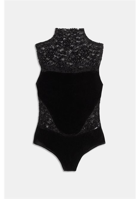 Weili Zheng Body Bi-Tessuto in Pizzo e Velluto Rasato Nero Donna WEILI ZHENG | Body | F26BS03B184